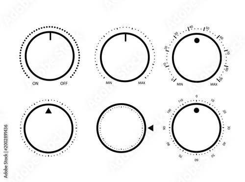 Adjustment dial. Rotary dials with round scale volume level knob and round controller