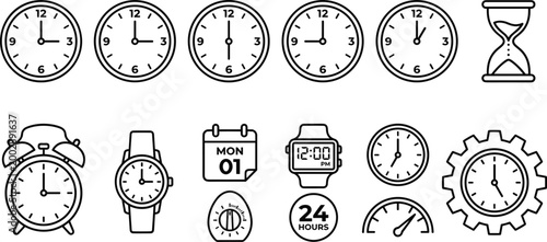 Clock and time icons set with watches alarm hourglass calendar and schedule symbols for time management design