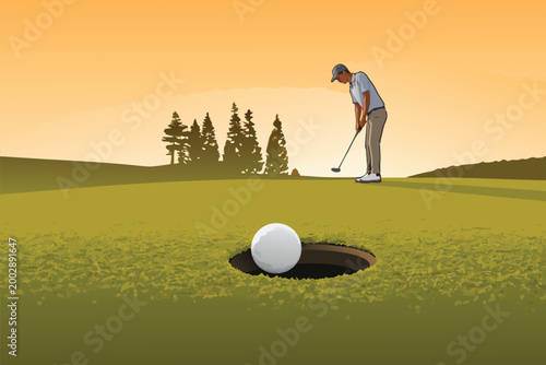 Golf ball rolling towards the hole on a green field.