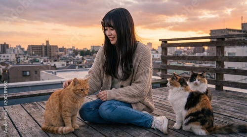 young japanese woman siting on the rooftop with cats in the afternoon