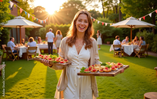 Smiling young woman holding two trays with snacks at an outdoor party in a sunny park,  cheerful summer gathering.