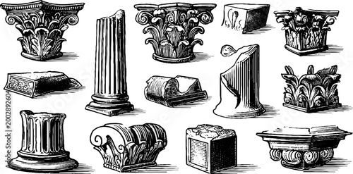 Carved column capitals and ruined shafts on white background