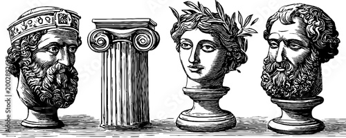 Classical busts and ionic column displayed on white background
