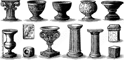 Antique pedestals and ornamental urns grouped on white surface
