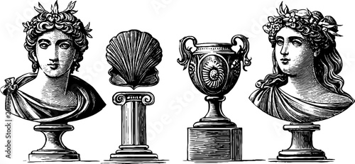 Classical busts displayed alongside column and urn on white background