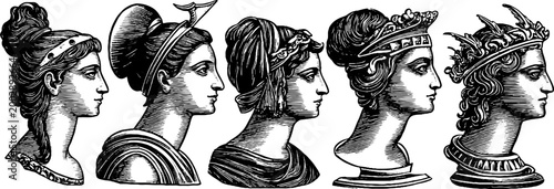 Classical female profiles in historical headwear shown in row