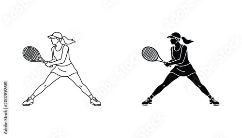 Female tennis player in action stance holding racket ready to serve in sports vector illustration