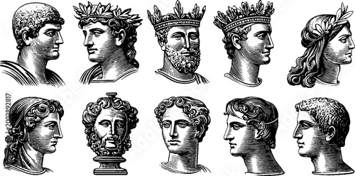 Collection of crowned classical profiles and busts in rows