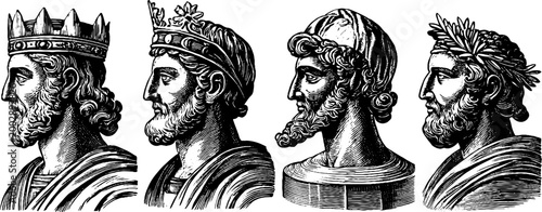 Classical male busts facing left in engraved profile row