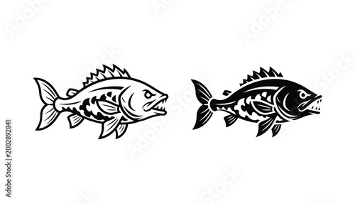 Aggressive fish with sharp teeth and spiky fins swimming side view minimal line art and solid black silhouette illustration