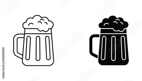 Traditional beer mug filled with frothy foam minimal line art and solid black silhouette illustration