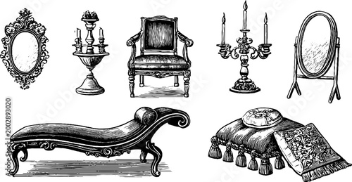 Vintage seating and decorative accessories arranged on white background