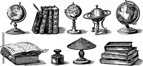Antique globes and books arranged with writing tools on white