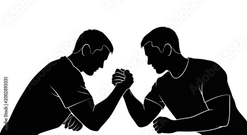 Two men arm wrestling silhouette, strong competition, power struggle, white background