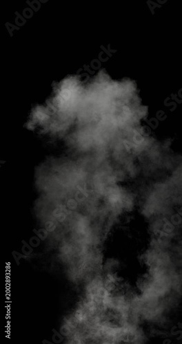 Super slow motion smoke spreading, captured at 500 fps with a high-speed camera. Expanding cloud of smoke, isolated on black background. Ideal as realistic VFX overlay. Vertical aspect ratio.