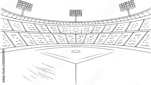 Black and white line of empty baseball stadium with floodlights and seating field
