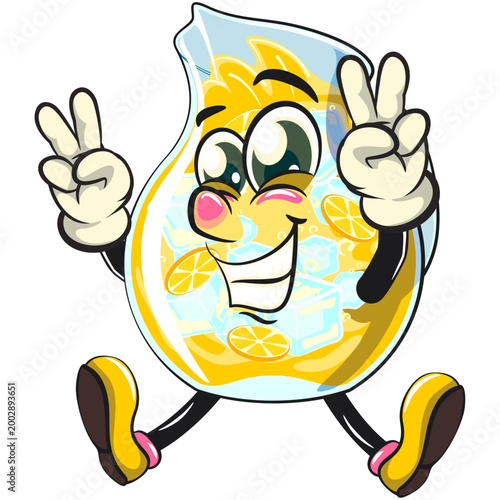 cute orange juice pitcher mascot with ice and citrus slices raising two hands in peace sign while jumping happily, funny cartoon beverage character vector illustration isolated, work of hand drawn