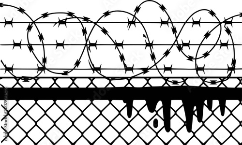 Black barbed wire fence with dripping paint white background, razor security