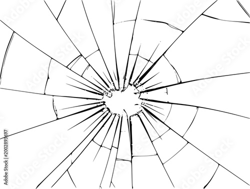 Black radial cracks transparent glass surface, shattered effect broken impact