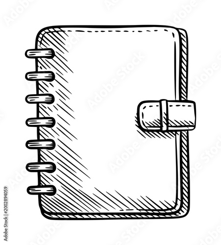 Hand drawn spiral notebook with leather strap closure white background, bound