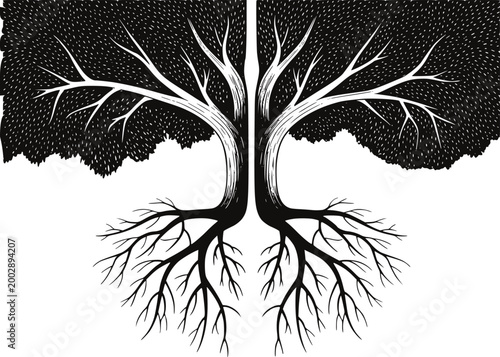 Stylized black and white tree with prominent roots and dense foliage