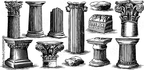 Classical column capitals and bases arranged on white background