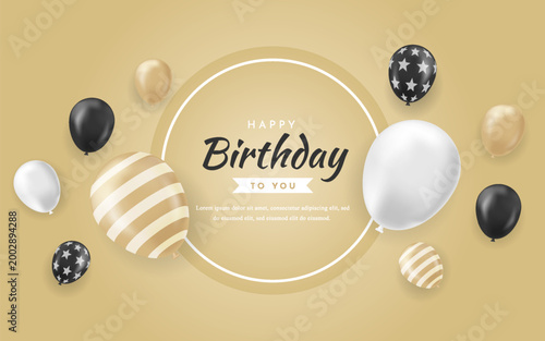 Happy birthday celebration with colorful balloons and text on gold background  festive greeting card design
