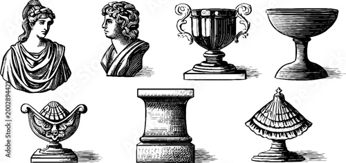 Classical busts and decorative urns arranged on white background
