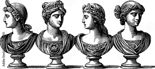 Classical female busts arranged in engraved studio display