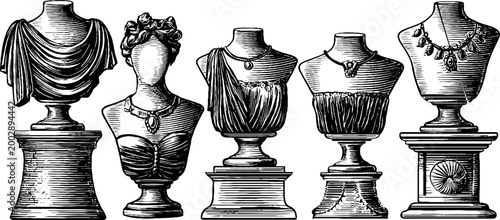 Mannequin torsos and bust forms displayed on pedestal row