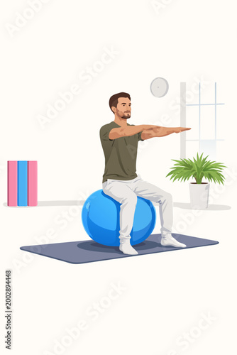 Man doing balance exercises on a fitness ball in a living room.