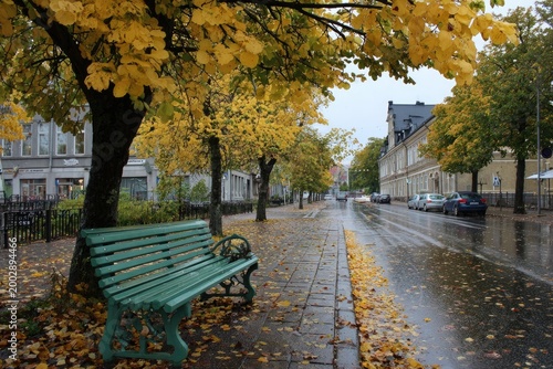 Wet, leaf-strewn sidewalk and street with empty park bench in autumn
