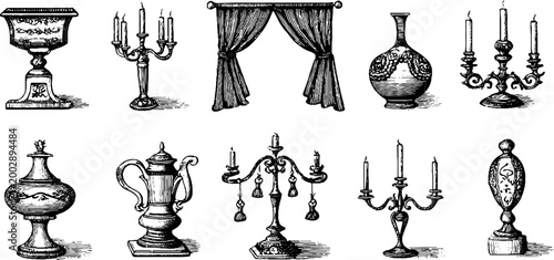 Antique vessels and candelabra displayed on plain background