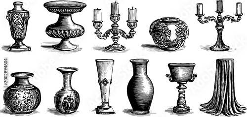 Antique vases and candlesticks arranged on white background