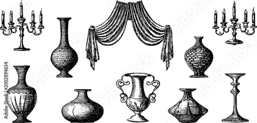 Various vintage vases and candelabra displayed on white background