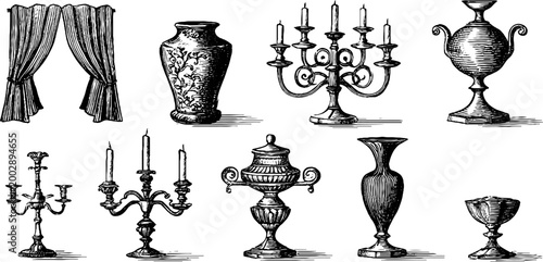 Set of antique vases and candelabra arranged on white background