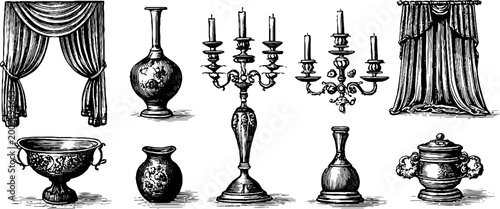 Assorted vases candlesticks and curtains arranged on shelf