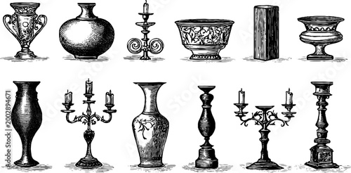 Variety of vases bowls and candelabras on display stand
