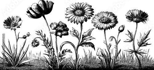 Wildflower stems growing in grassy ground ink drawing