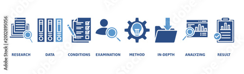 Case study banner web icon vector illustration concept with icon of research, data, conditions, examination, method, in-depth, analyzing, and result