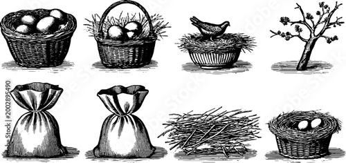 Assorted nests baskets sacks and hay with small tree