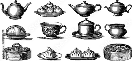 Tea service and steamed buns displayed on ceramic plates