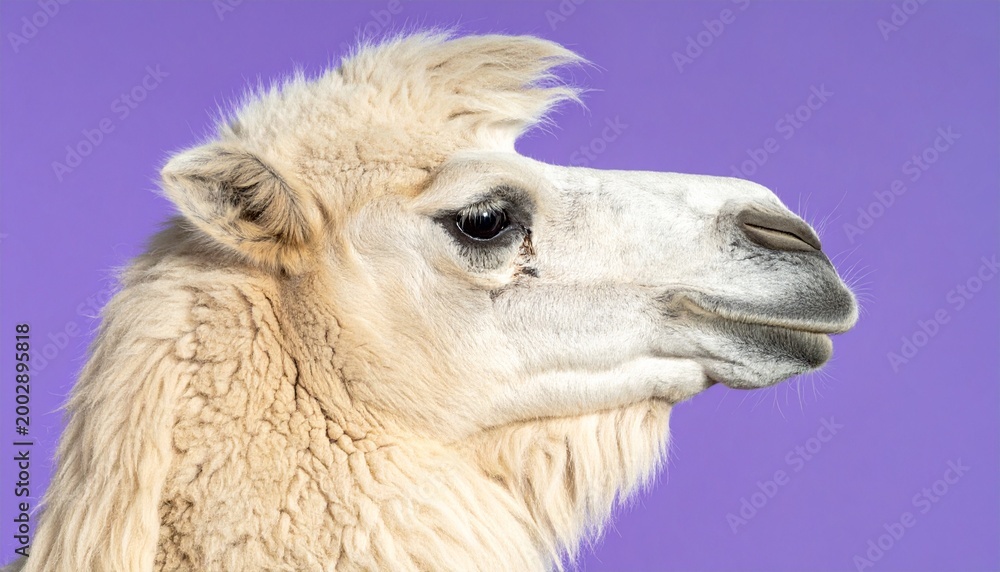 Fototapeta premium Close-up side profile of a white fluffy alpaca against a solid purple background
