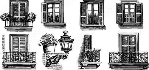 Varied window openings with shutters planters and lantern fixture