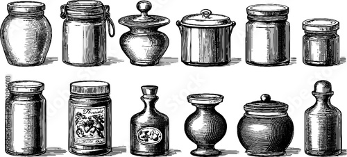 Collection of vintage jars bottles and ceramic containers