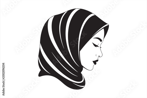 Profile of a woman wearing a hijab with a black and white graphic