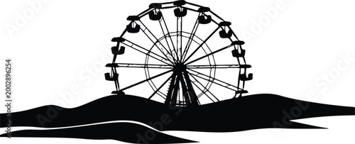 Black and White Silhouette of a Ferris Wheel on a Hilly Landscape Background