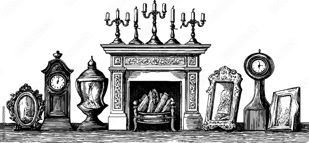 Naklejka premium Antique mantel clock and decorative objects on fireplace