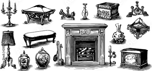 Antique fireplace with assorted decorative furnishings on white