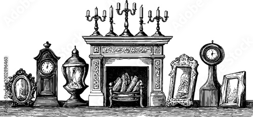 Antique mantel clock and decorative objects on fireplace